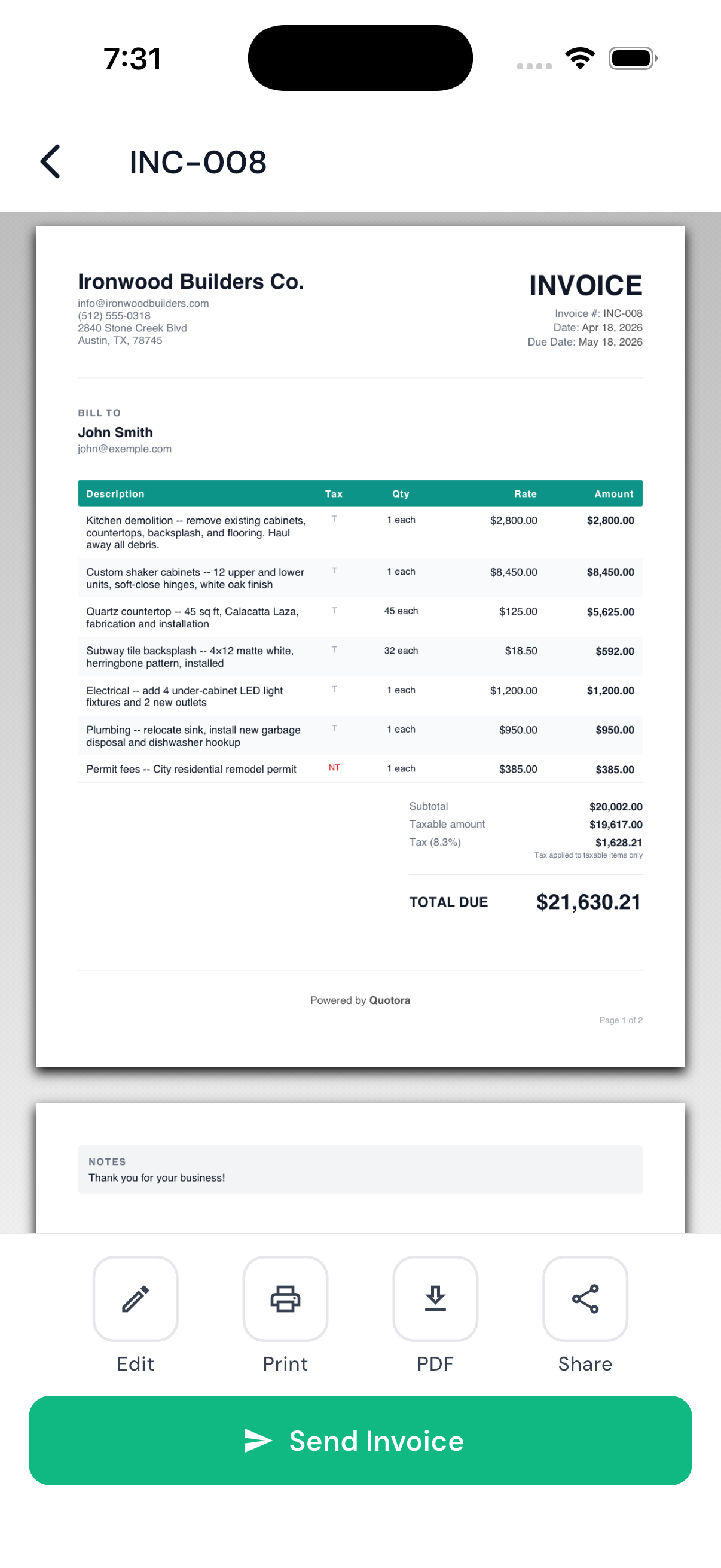 Quotora invoice preview
